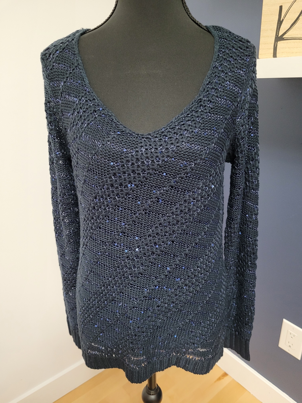 Le Château Navy Sequin Open Knit Scoop Neck Sweater – Size XS